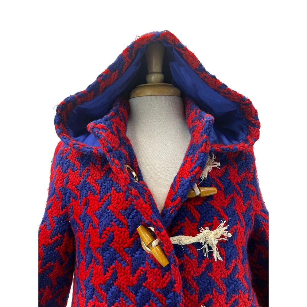 Judith March Duffle Coat Womens S Red Blue Excellent Houndstooth Hooded Toggle - Picture 4 of 9